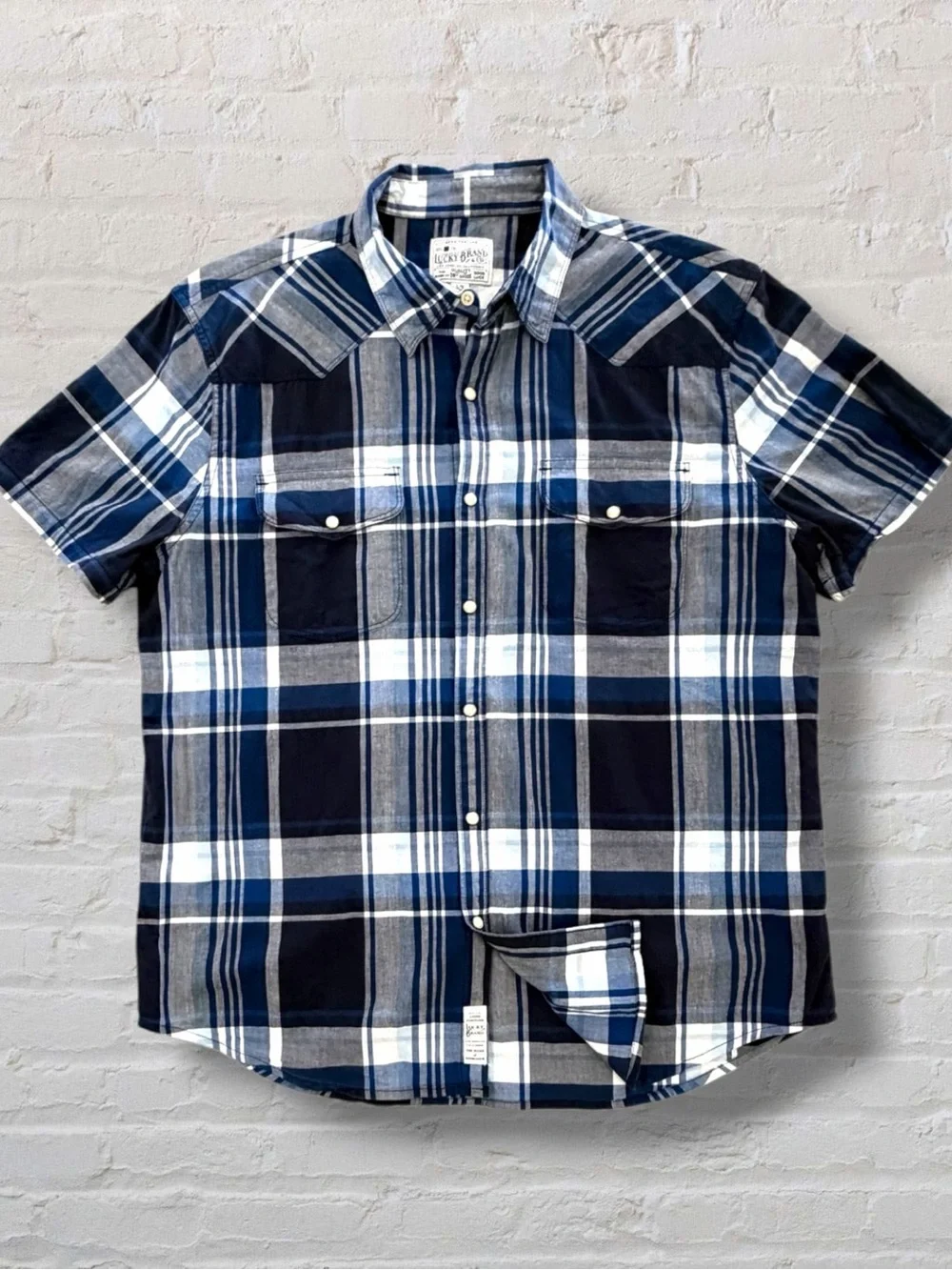 Lucky Brand Mens L Blue Plaid Short Sleeve Western Yoke Button Down Shirt